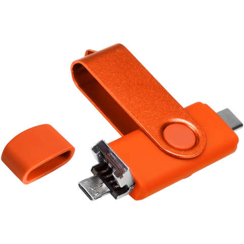 Оранжевая флешка 3в1 16 гб, металл и пластик soft-touch «ТВИСТ-КОЛОР-ОТГ»