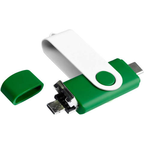Флешка 3в1 16 ГБ зеленая с белым, металл и пластик soft-touch «ТВИСТ-КОЛОР-ОТГ»