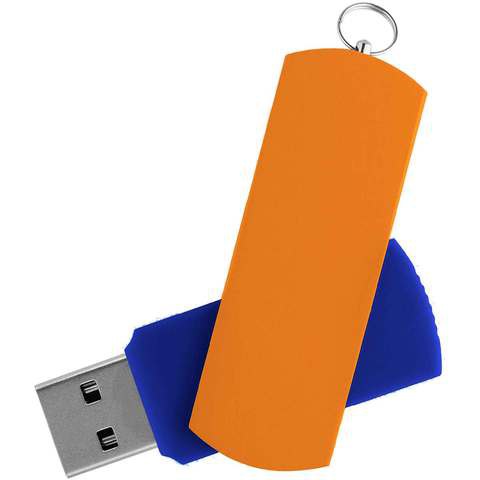 Флешка 32 ГБ синяя с оранжевым, металл и пластик soft-touch «ЕЛЕГАНКЕ-КОЛОР»