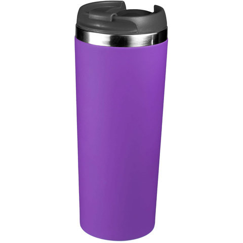 Фиолетовая с черной крышкой термокружка 420мл., металл и soft-touch «КОМО-СОФТ»